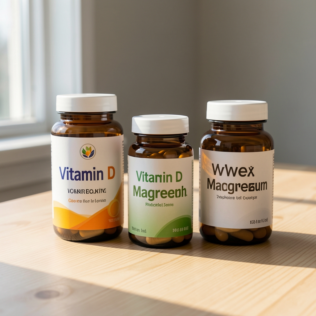 Close-up of vitamin D and magnesium supplement containers arranged on a clean wooden surface, natural morning light streaming in from the side