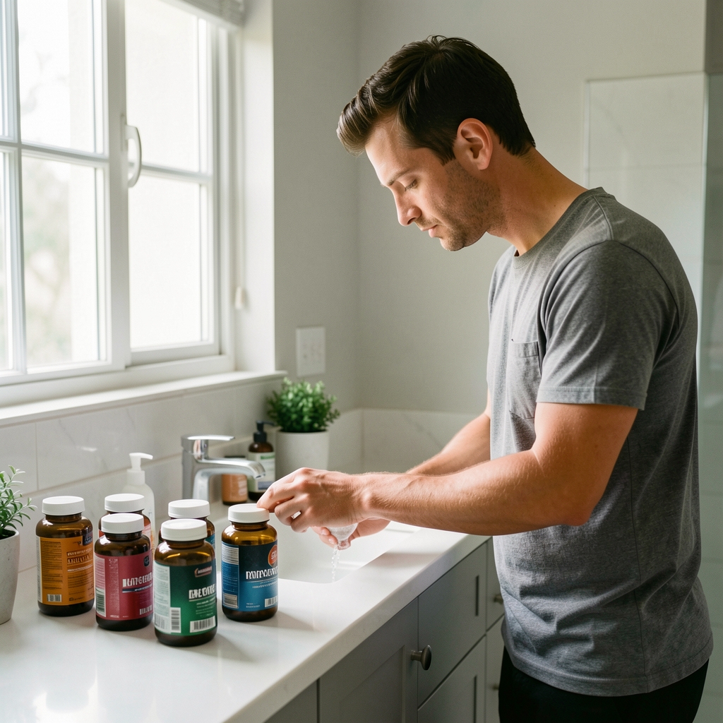 Man preparing morning routine at a bathroom counter, supplement bottles lined up neatly, soft daylight from a window, editorial composition
