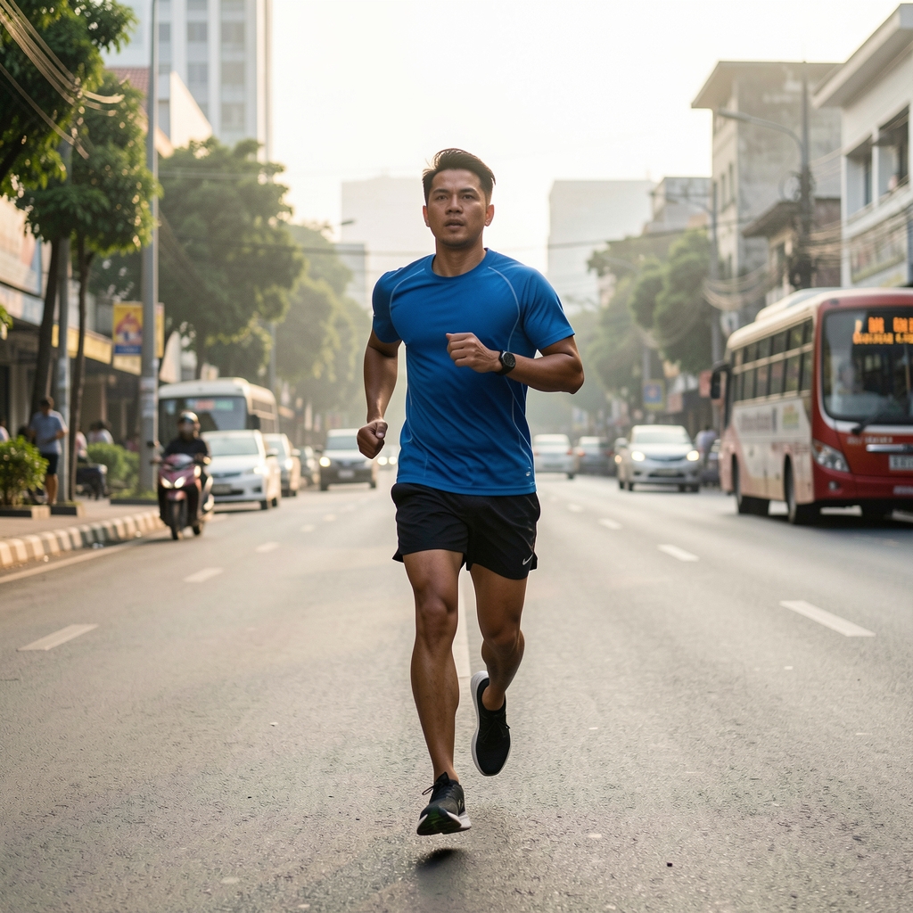 Morning run on an empty Jakarta street in early light, male runner in athletic clothing, editorial documentary photography style