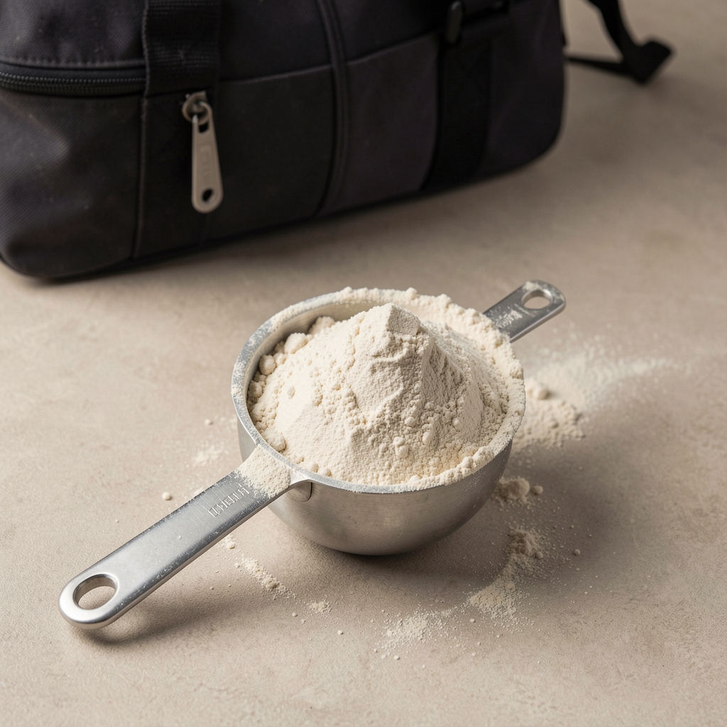 Protein powder in a measuring scoop resting on a neutral surface, gym bag in the background, editorial overhead flat lay photography
